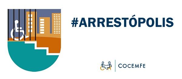 Imagen de la campaña Arrestópolis que representa un escudo en que se puede ver una persona tras unos barrotes y al fondo tres edificios. COCEMFE Catalunya y COCEMFE Barcelona presentan la campaña #Arrestópolis para denunciar la falta de accesibilidad en los edificios de viviendas