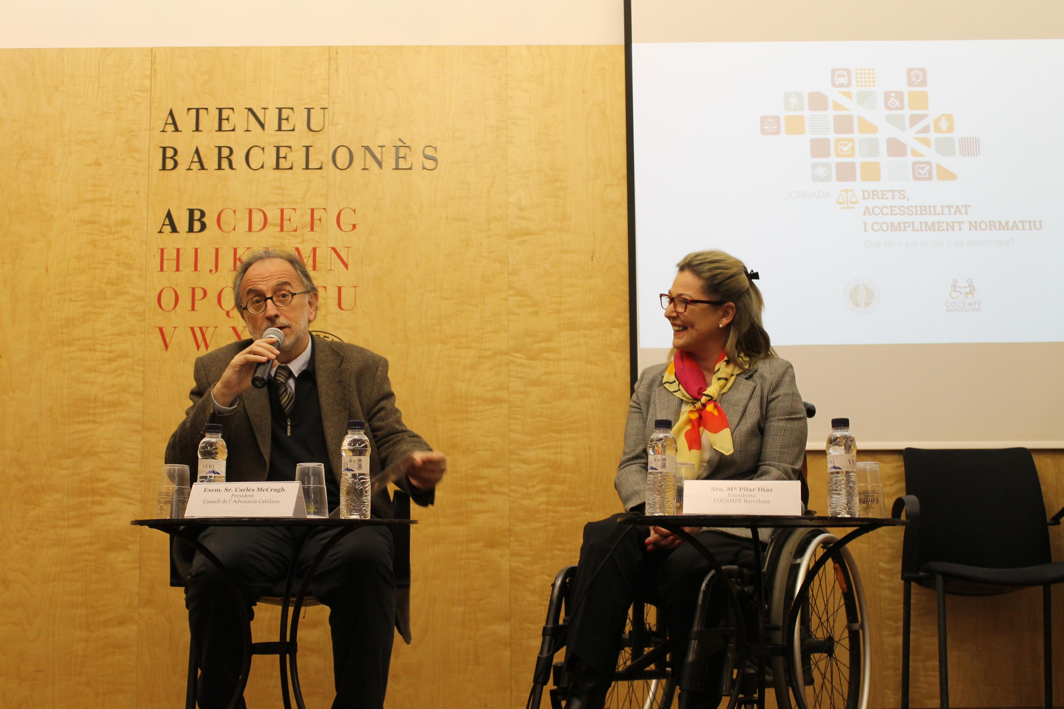 L’Advocacia Catalana i COCEMFE Barcelona alerten de l’incompliment de la Llei que garanteix l’accessibilitat universal a persones amb discapacitat La Jornada que se celebra avui a l’Ateneu Barcelonès, ha estat inaugurada pel president del Consell de l’Advocacia Catalana i degà del Col·legi d’Advocats de Girona, Carles McCragh i la presidenta de COCEMFE Barcelona, Ma. Pilar Díaz.