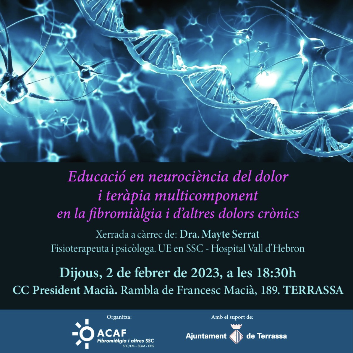 Cartell de l'acte Educació en neurociència del dolor i teràpia multicomponent en la fibrmiàlgia i d'altres dolors crònics